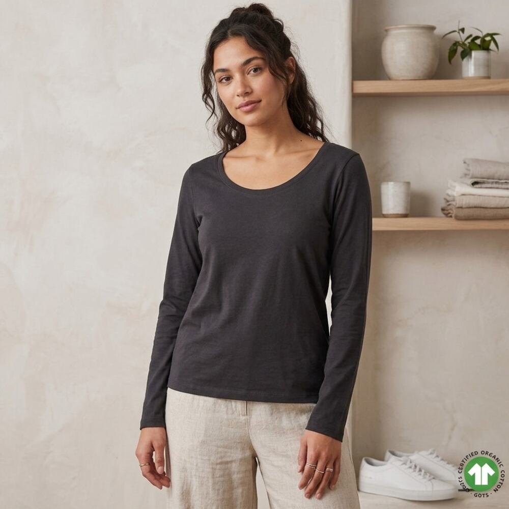 PACT Organic Cotton Softspun LS Scoop Neck Tee Black Layering Minimalist M